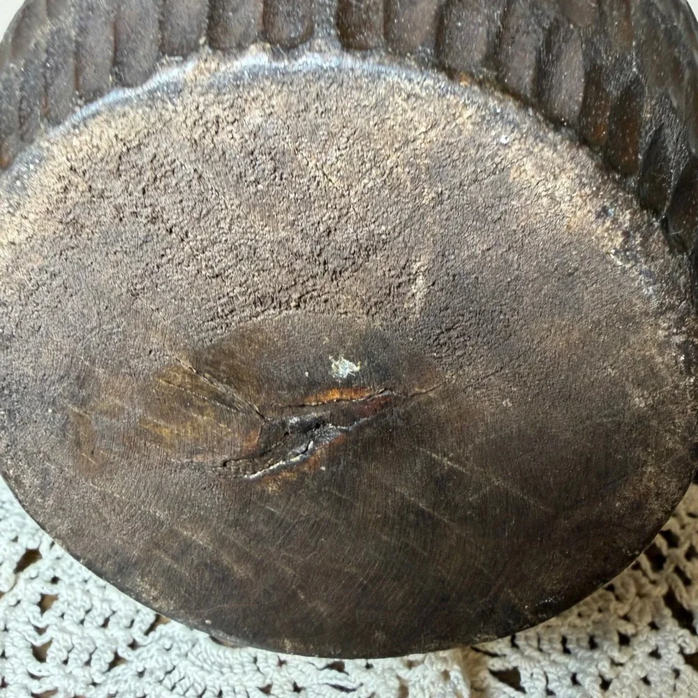Hand Carved Dark Wood Vase Bevel Ovoid Rustic Boho Decorative Vessel 10 inch